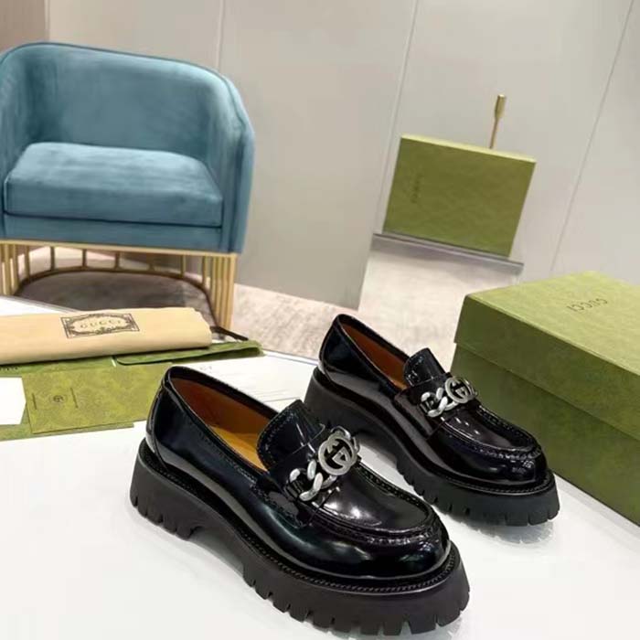 G*u*i unisex gg loafer interlocking g black leather rubber lug mid 4.3 cm heel
