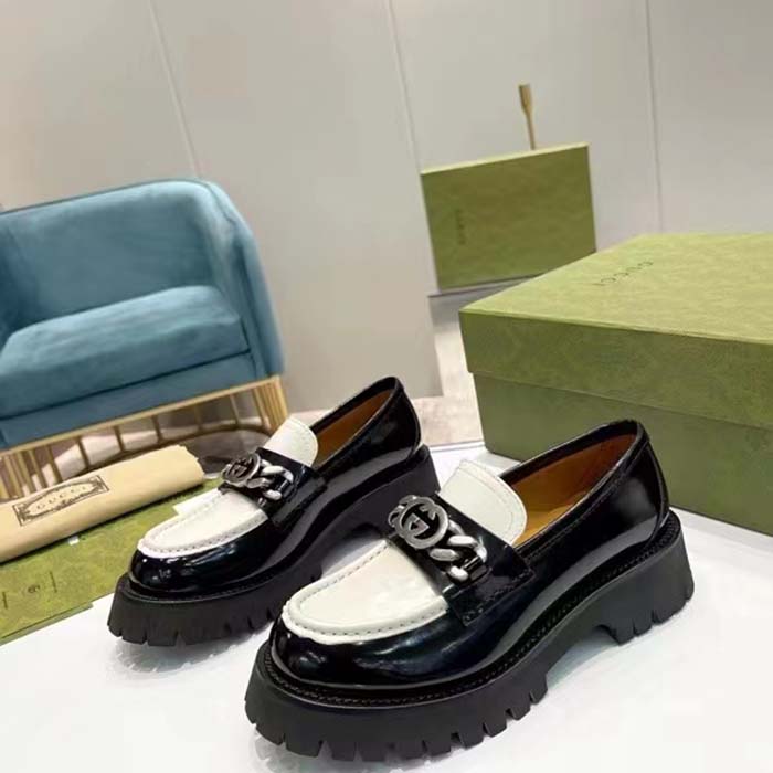 G*u*i unisex gg loafer interlocking g black off white leather rubber lug mid 4.3 cm heel