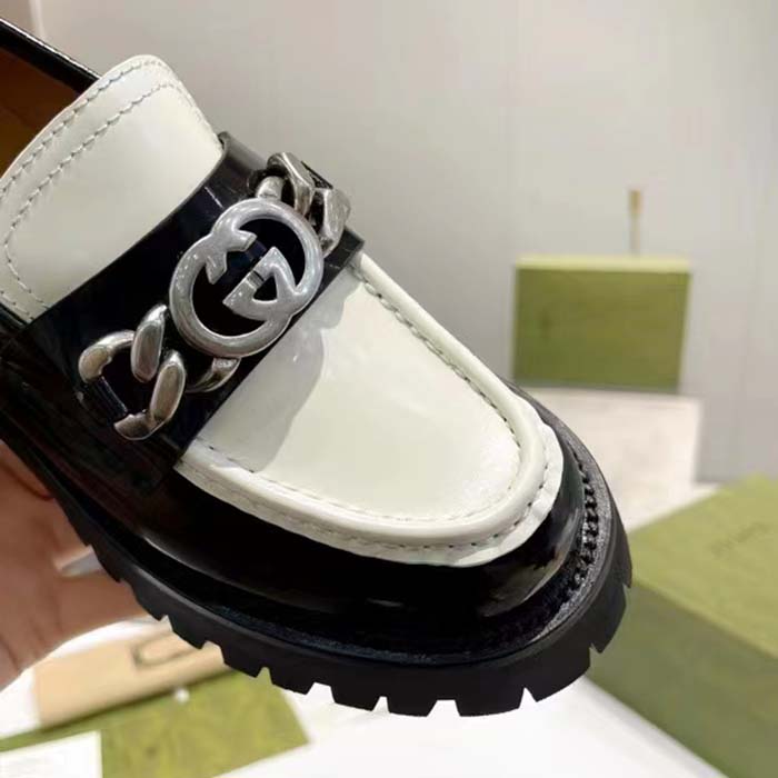 G*u*i unisex gg loafer interlocking g black off white leather rubber lug mid 4.3 cm heel