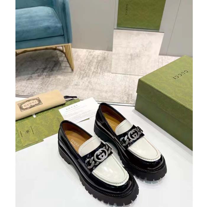 G*u*i unisex gg loafer interlocking g black off white leather rubber lug mid 4.3 cm heel