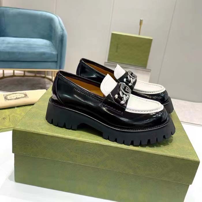 G*u*i unisex gg loafer interlocking g black off white leather rubber lug mid 4.3 cm heel