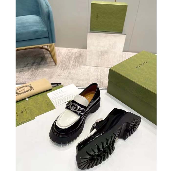 G*u*i unisex gg loafer interlocking g black off white leather rubber lug mid 4.3 cm heel