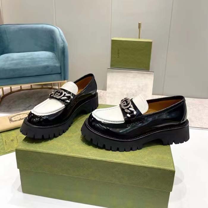 G*u*i unisex gg loafer interlocking g black off white leather rubber lug mid 4.3 cm heel
