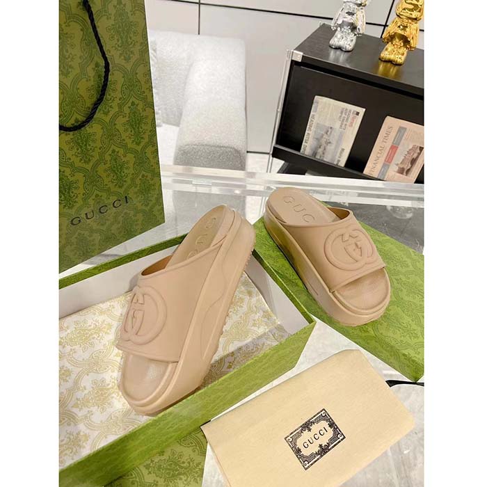 G*u*i unisex interlocking g slide sandal brown gg rubber low 4.3 cm heel