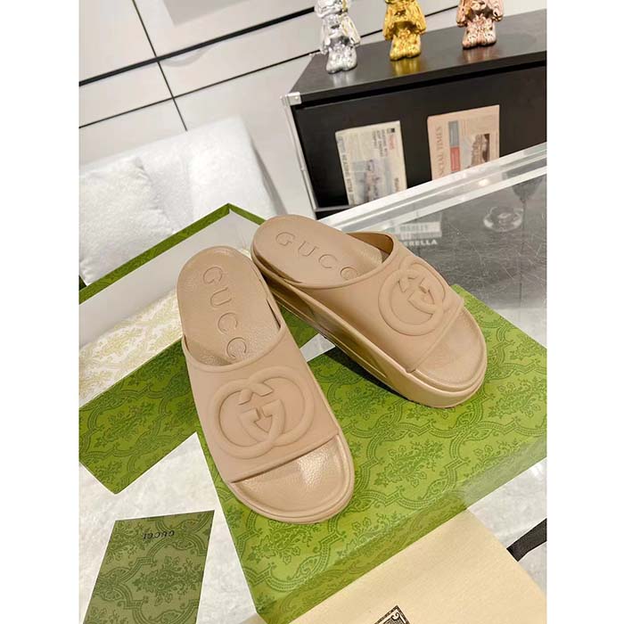 G*u*i unisex interlocking g slide sandal brown gg rubber low 4.3 cm heel