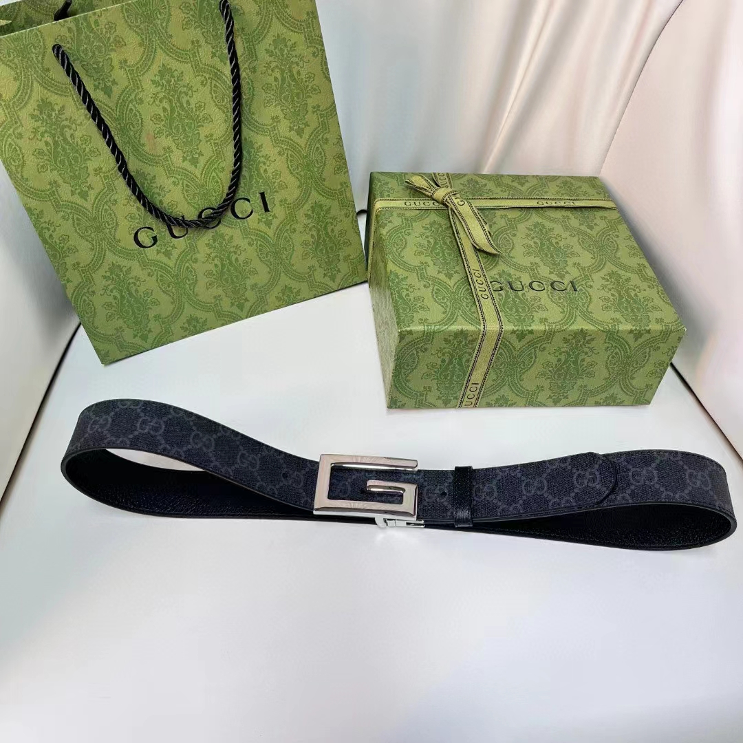 G*u*i unisex reversible belt square g buckle black gg supreme canvas reverses leather