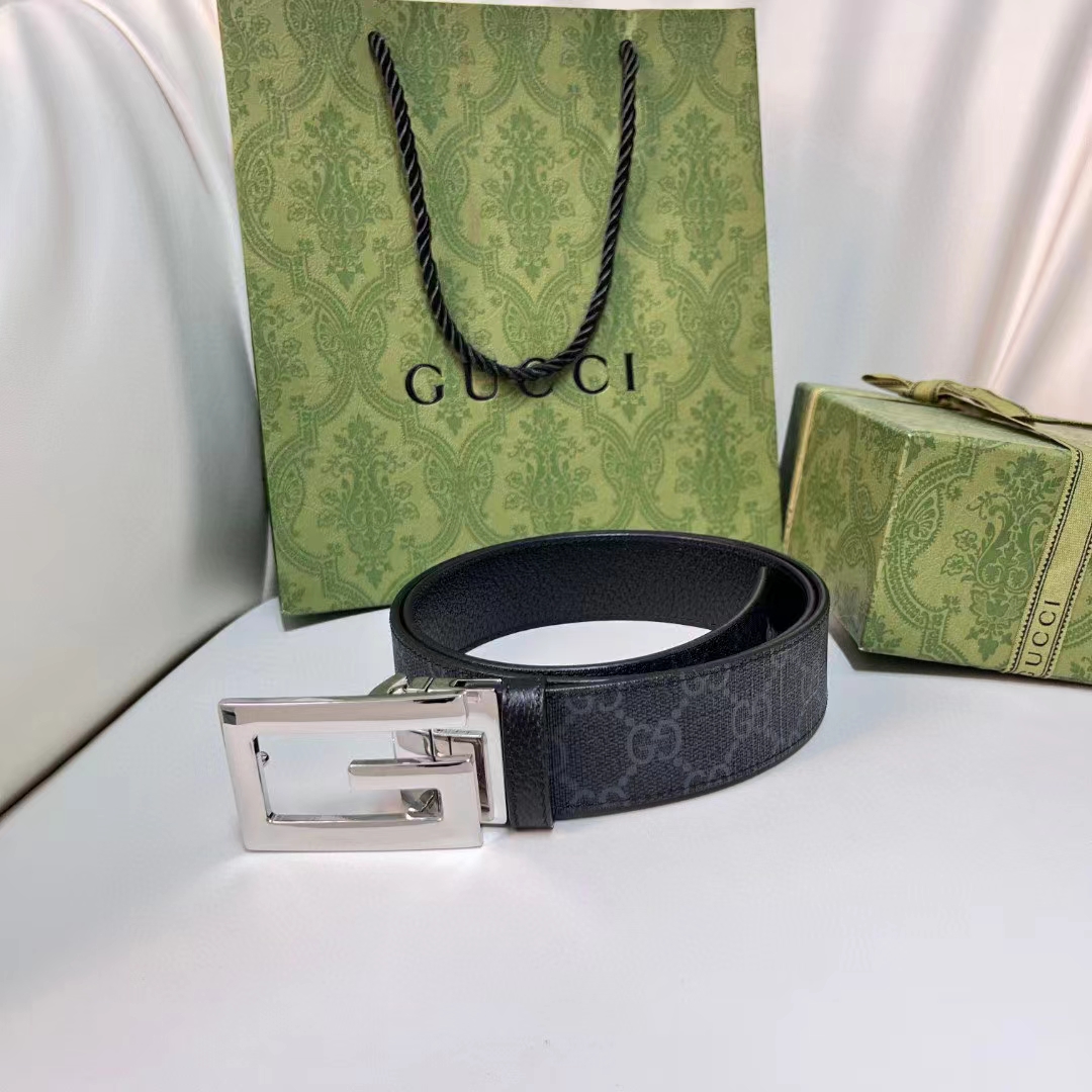 G*u*i unisex reversible belt square g buckle black gg supreme canvas reverses leather