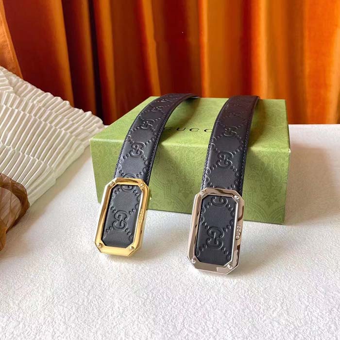 G*u*i unisex signature leather belt black leather rectangular buckle trademark 3.8 cm width