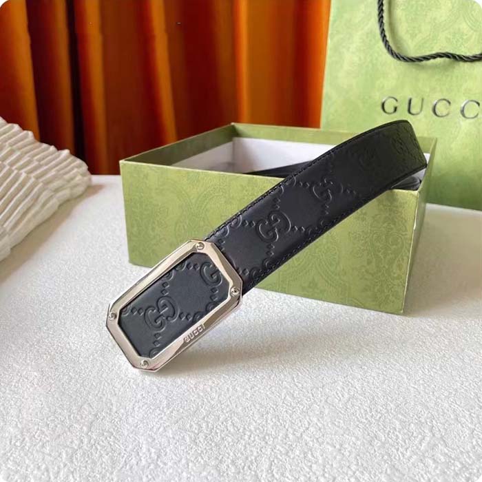 G*u*i unisex signature leather belt black leather rectangular buckle trademark 3.8 cm width