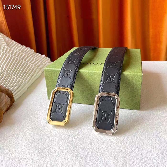 G*u*i unisex signature leather belt black leather rectangular buckle trademark 3.8 cm width