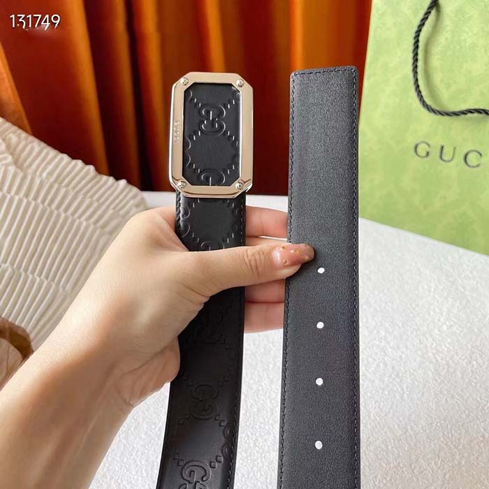 G*u*i unisex signature leather belt black leather rectangular buckle trademark 3.8 cm width