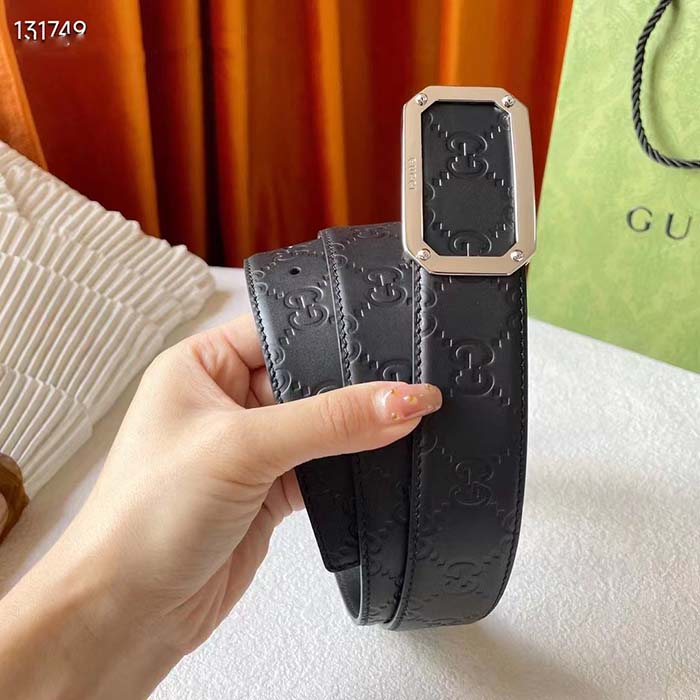 G*u*i unisex signature leather belt black leather rectangular buckle trademark 3.8 cm width