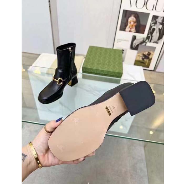 G*u*i women boot horsebit black smooth stretch leather gold plated block mid heel