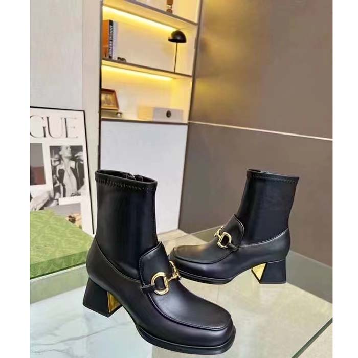 G*u*i women boot horsebit black smooth stretch leather gold plated block mid heel