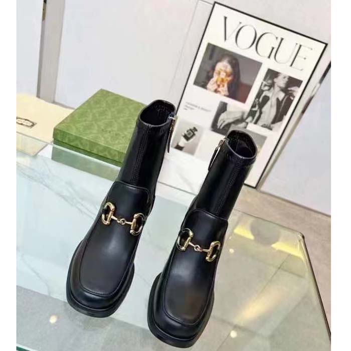 G*u*i women boot horsebit black smooth stretch leather gold plated block mid heel