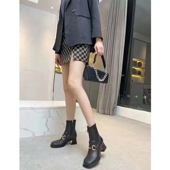 G*u*i women boot horsebit black smooth stretch leather gold plated block mid heel