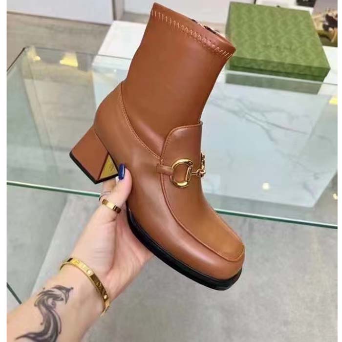 G*u*i women boot horsebit brown smooth stretch leather gold plated block mid heel