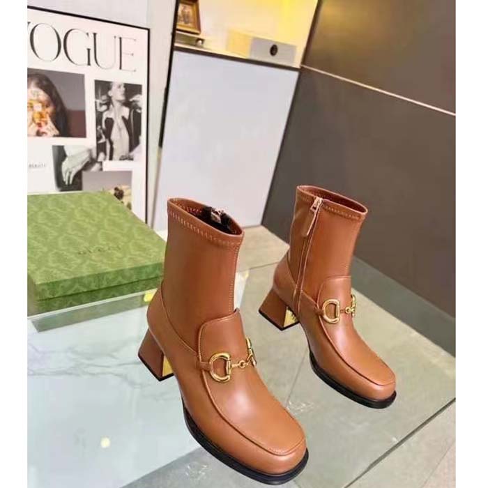 G*u*i women boot horsebit brown smooth stretch leather gold plated block mid heel