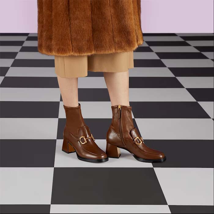 G*u*i women boot horsebit brown smooth stretch leather gold plated block mid heel