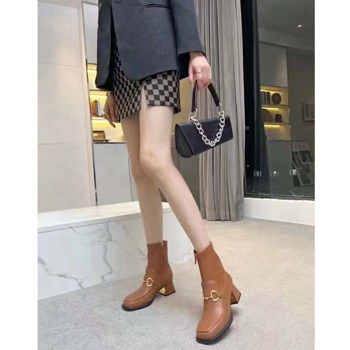 G*u*i women boot horsebit brown smooth stretch leather gold plated block mid heel