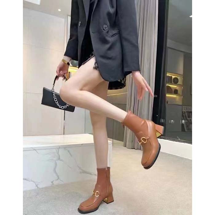 G*u*i women boot horsebit brown smooth stretch leather gold plated block mid heel
