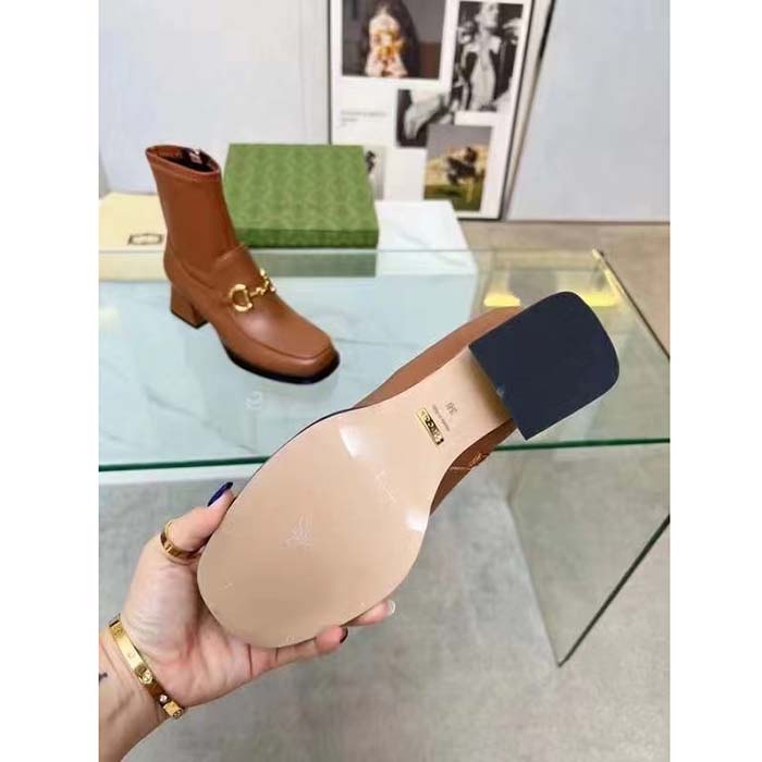 G*u*i women boot horsebit brown smooth stretch leather gold plated block mid heel