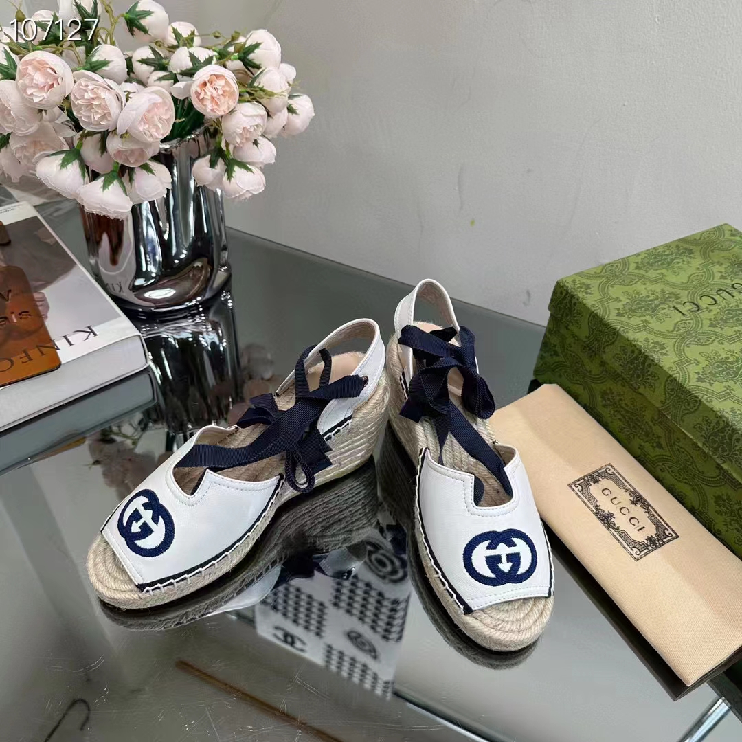 G*u*i women espadrilles ribbon tie white cotton canvas blue interlocking g embroidery