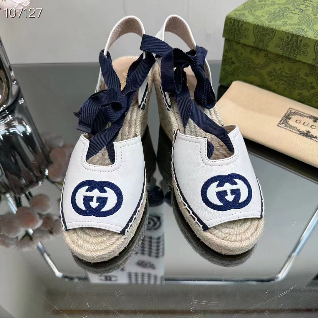 G*u*i women espadrilles ribbon tie white cotton canvas blue interlocking g embroidery
