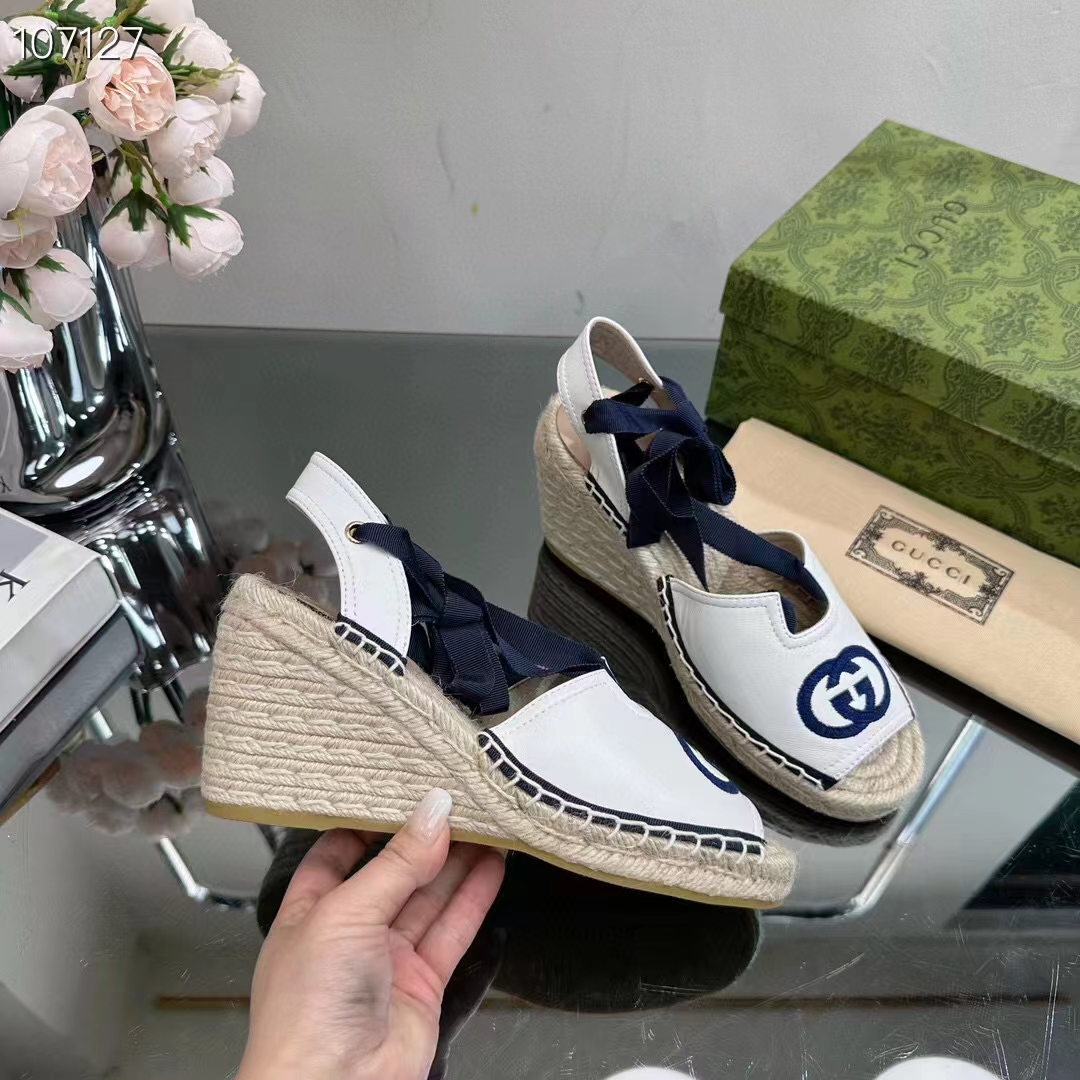 G*u*i women espadrilles ribbon tie white cotton canvas blue interlocking g embroidery