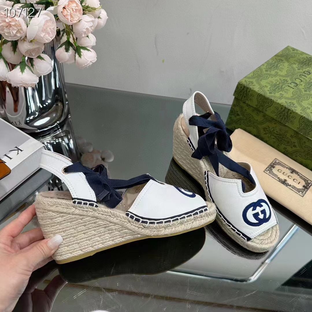 G*u*i women espadrilles ribbon tie white cotton canvas blue interlocking g embroidery