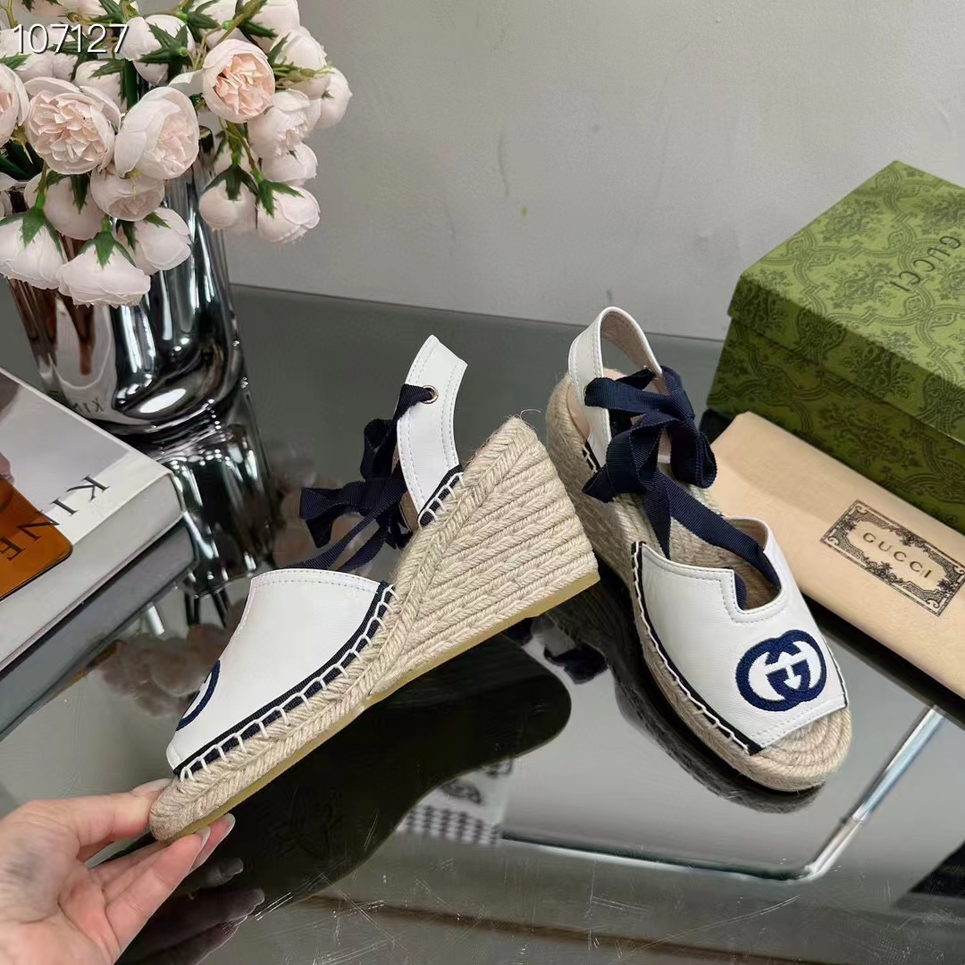 G*u*i women espadrilles ribbon tie white cotton canvas blue interlocking g embroidery