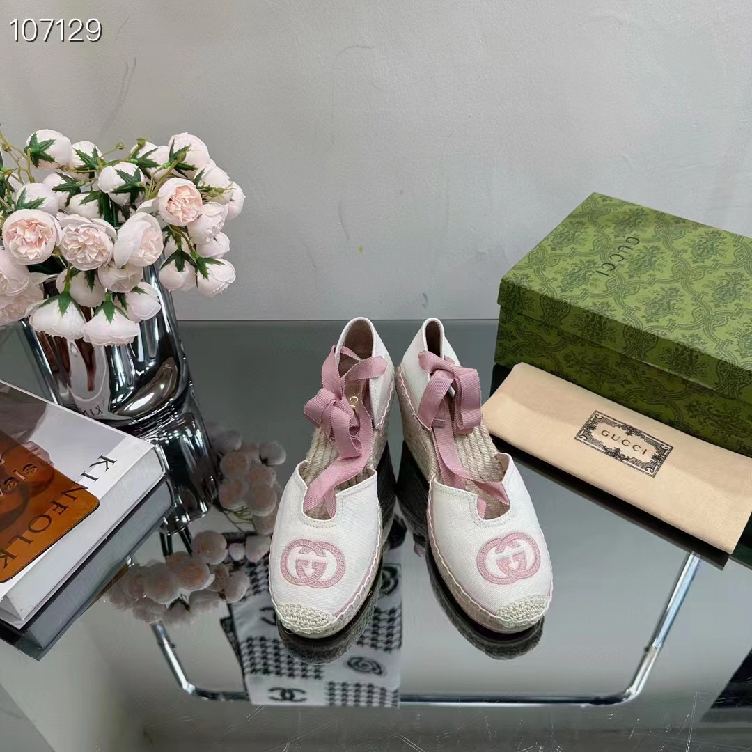 G*u*i women espadrilles ribbon tie white cotton canvas pink interlocking g embroidery