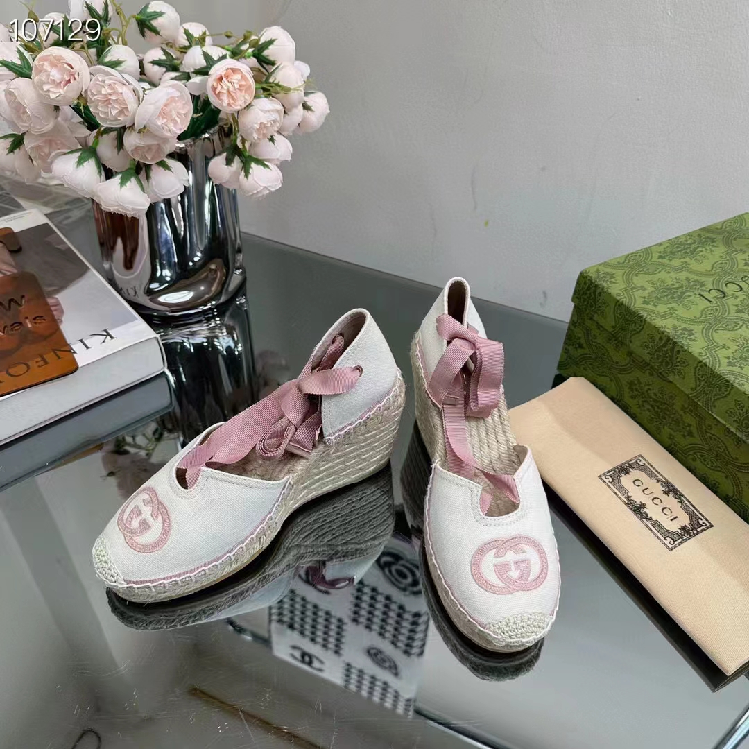 G*u*i women espadrilles ribbon tie white cotton canvas pink interlocking g embroidery