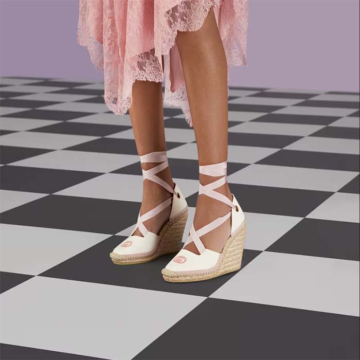G*u*i women espadrilles ribbon tie white cotton canvas pink interlocking g embroidery