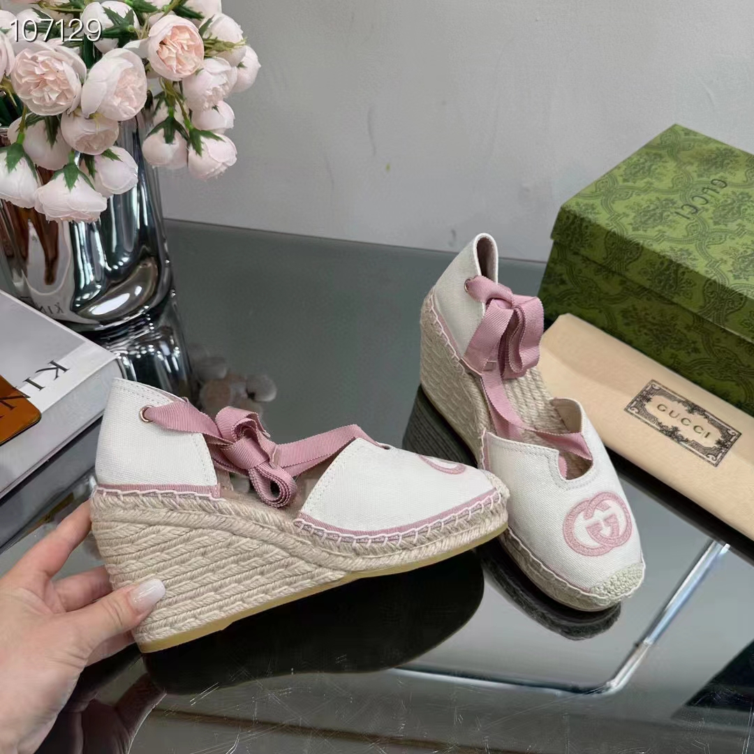G*u*i women espadrilles ribbon tie white cotton canvas pink interlocking g embroidery