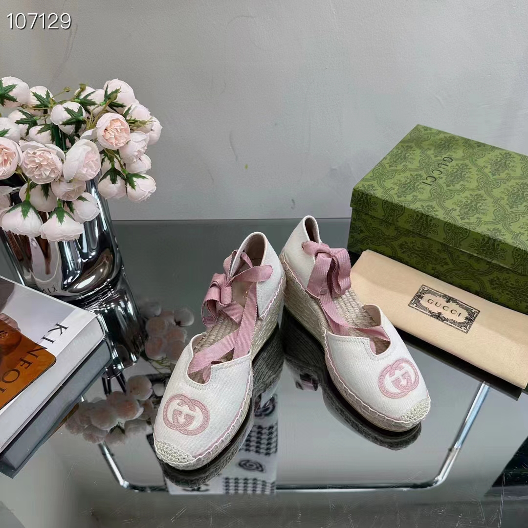 G*u*i women espadrilles ribbon tie white cotton canvas pink interlocking g embroidery