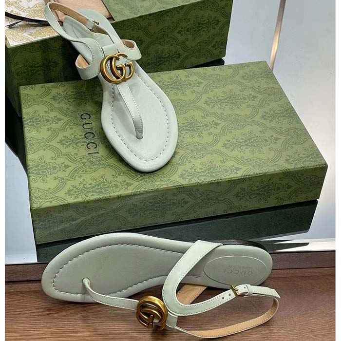 G*u*i women gg double g thong sandal light green leather flat 0.5 cm heel