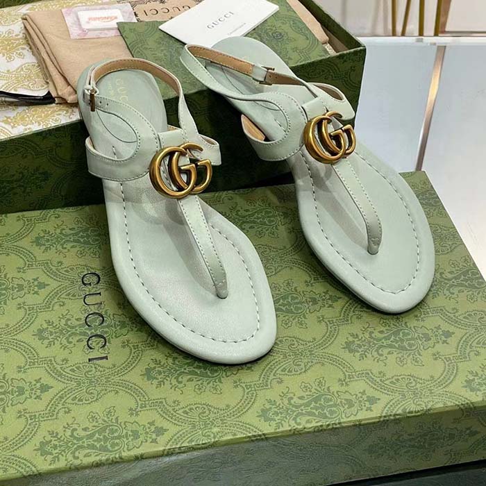 G*u*i women gg double g thong sandal light green leather flat 0.5 cm heel