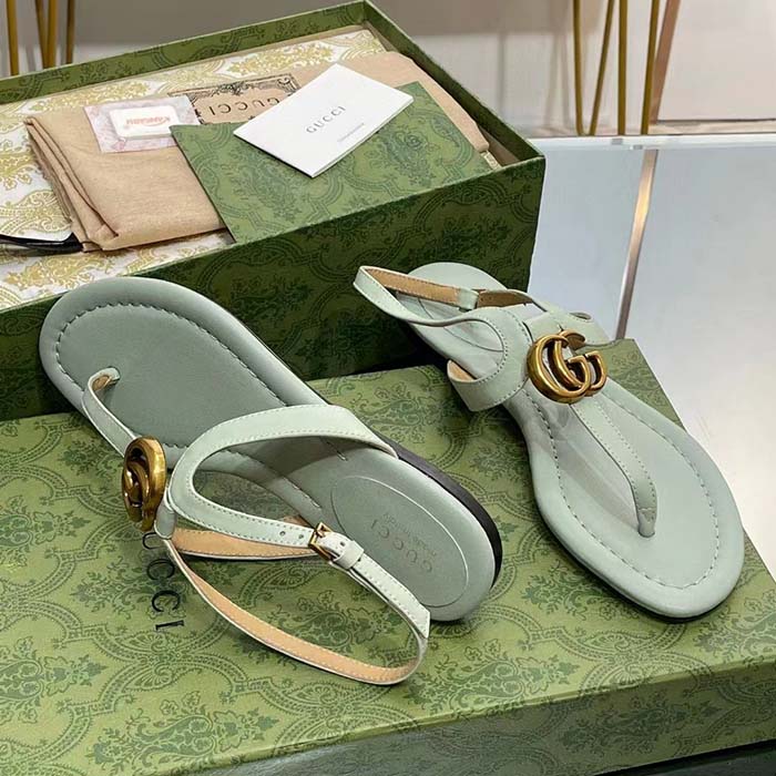 G*u*i women gg double g thong sandal light green leather flat 0.5 cm heel
