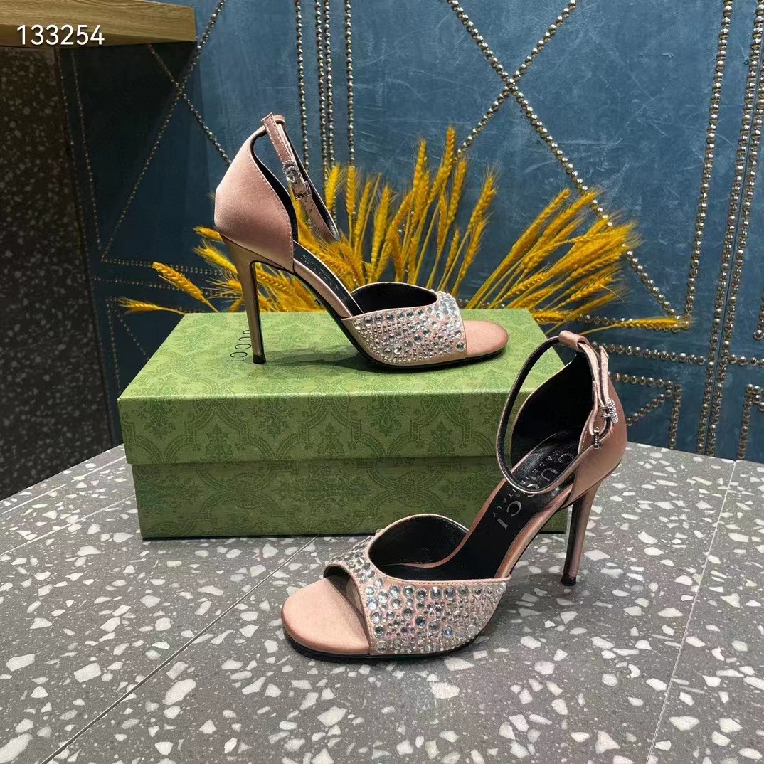 G*u*i women gg mid-heel sandals crystals silver satin 8 cm heel double g