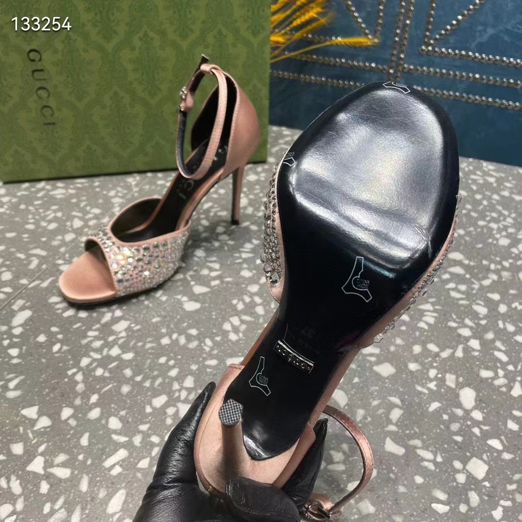G*u*i women gg mid-heel sandals crystals silver satin 8 cm heel double g