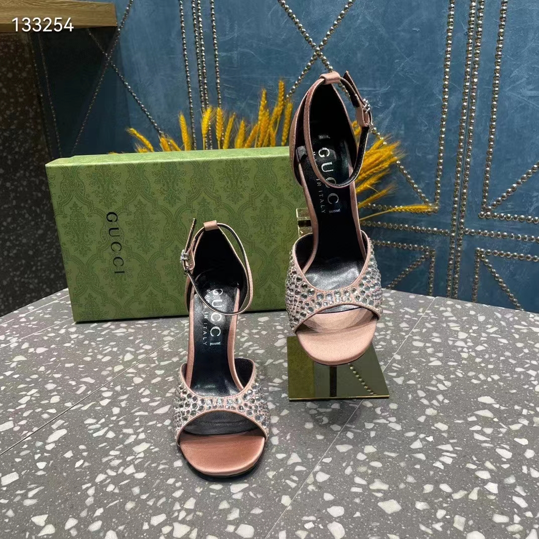 G*u*i women gg mid-heel sandals crystals silver satin 8 cm heel double g