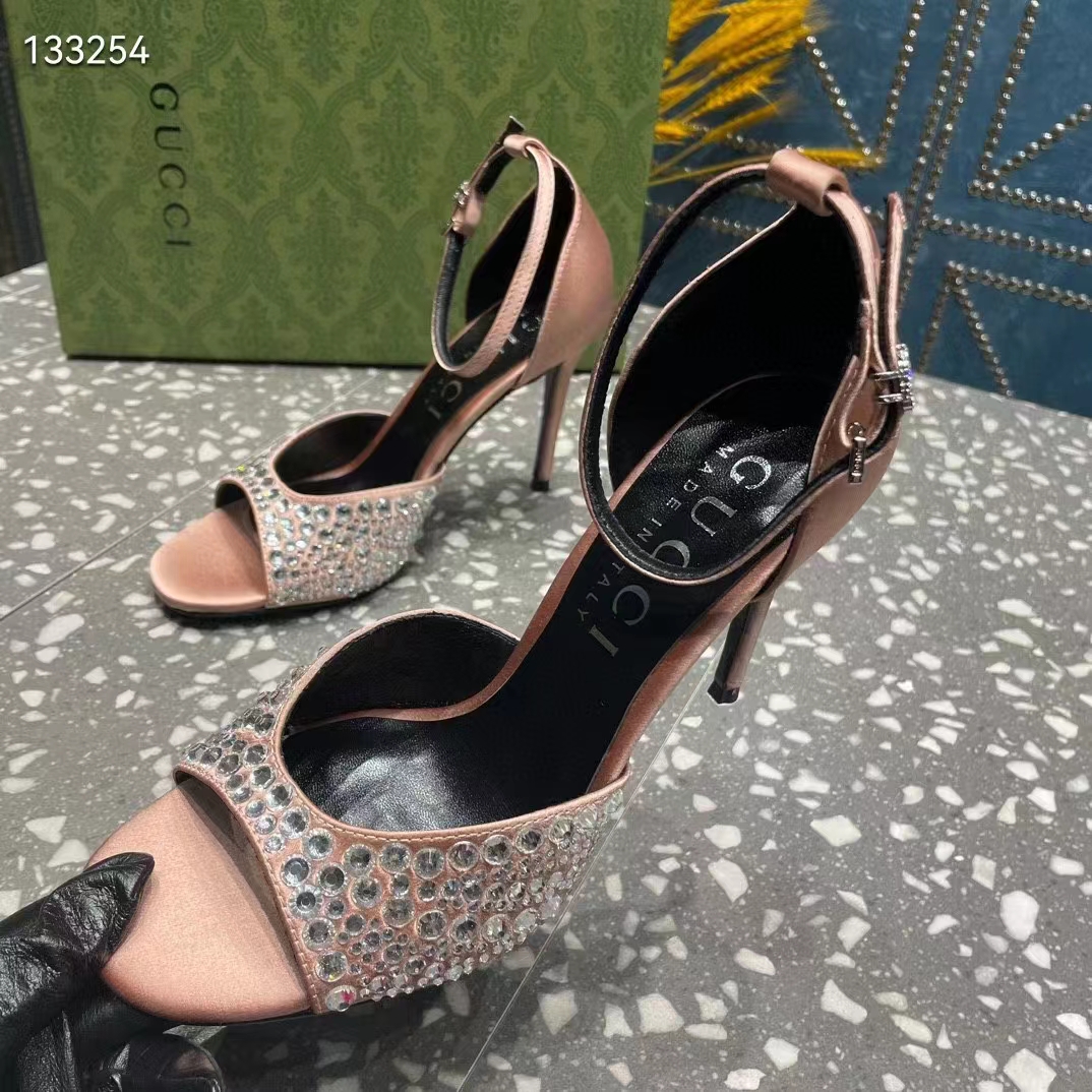 G*u*i women gg mid-heel sandals crystals silver satin 8 cm heel double g