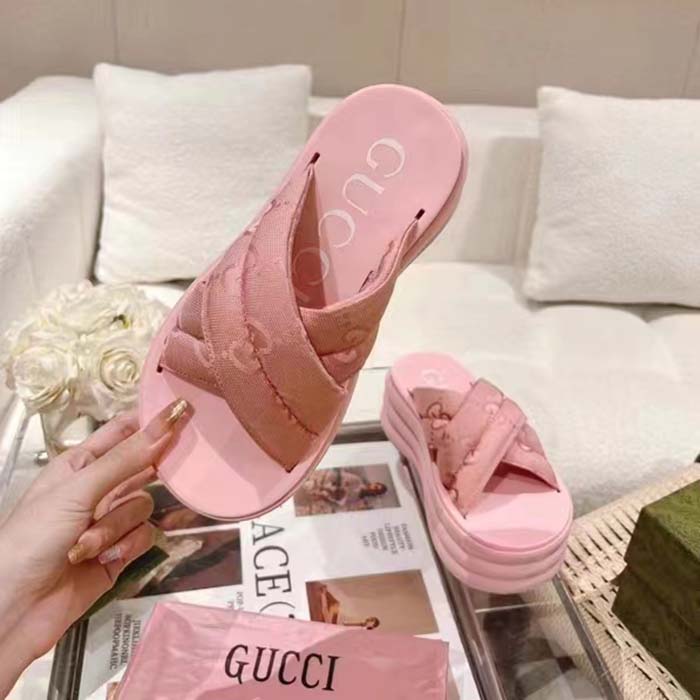 G*u*i women gg platform slide sandal light pink nylon rubber mid 6.4 cm heel