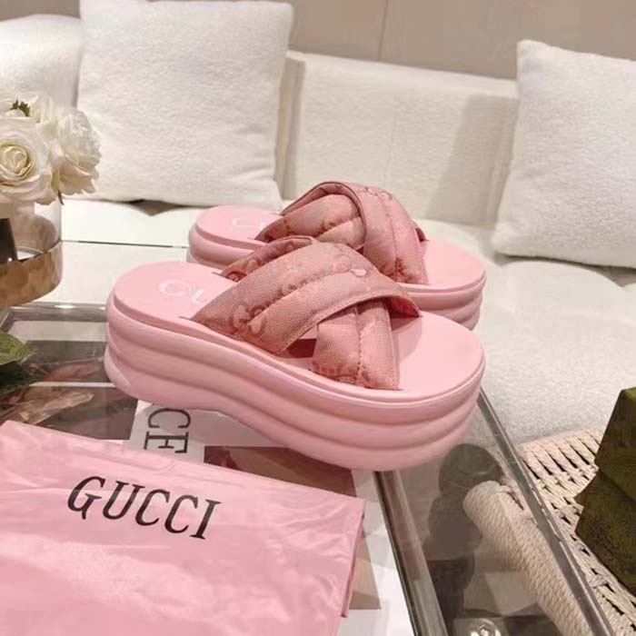 G*u*i women gg platform slide sandal light pink nylon rubber mid 6.4 cm heel
