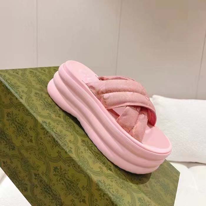 G*u*i women gg platform slide sandal light pink nylon rubber mid 6.4 cm heel