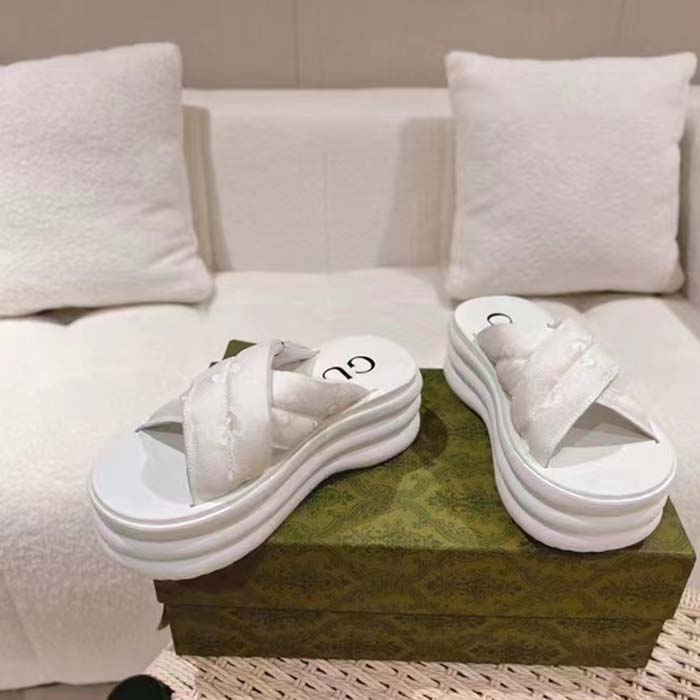 G*u*i women gg platform slide sandal white nylon rubber mid 6.4 cm heel