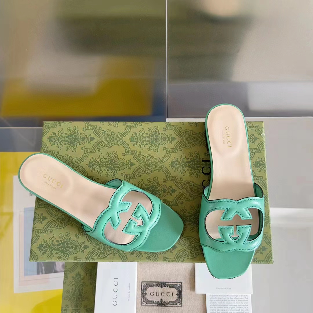 G*u*i women interlocking g cut out slide sandal bright green leather flat