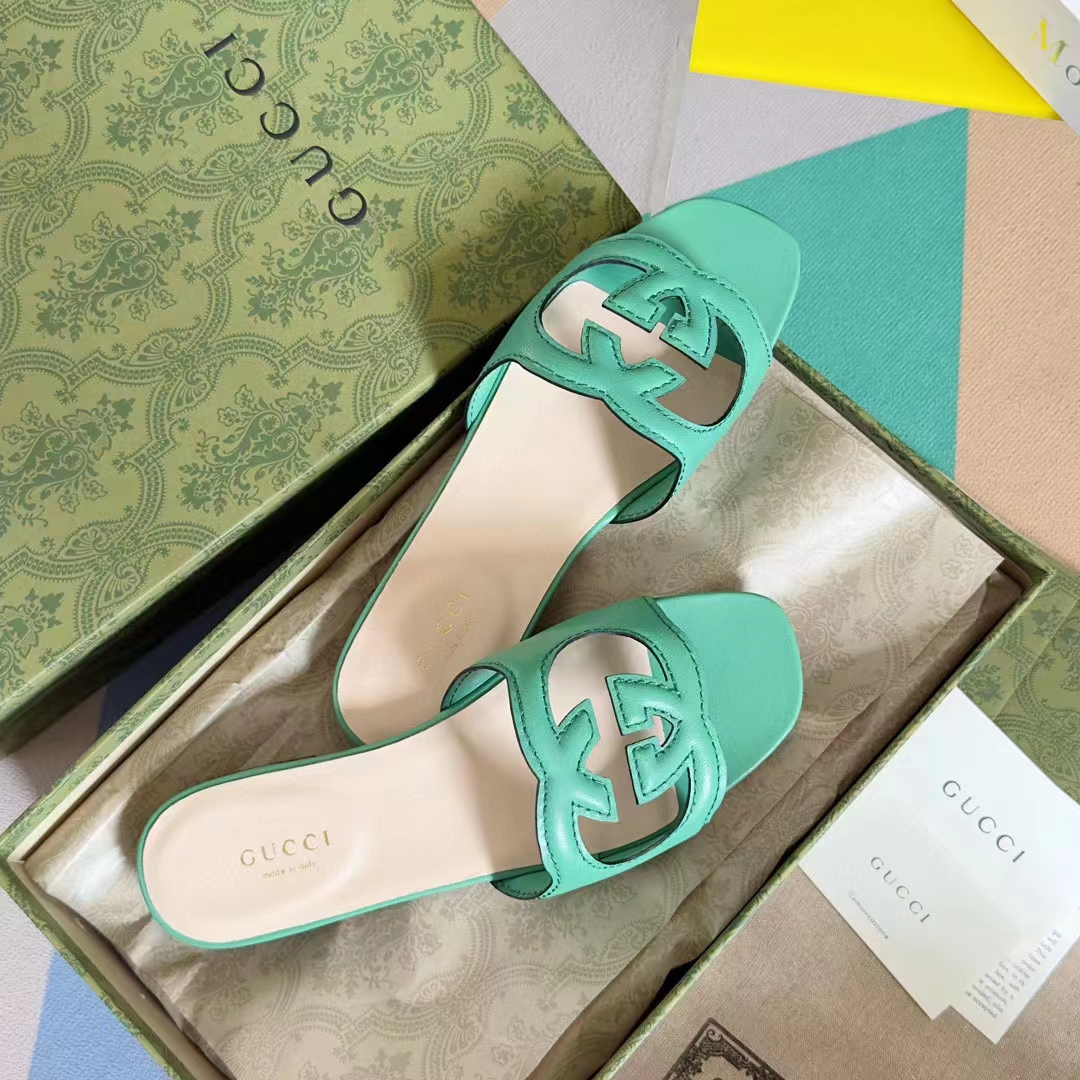G*u*i women interlocking g cut out slide sandal bright green leather flat