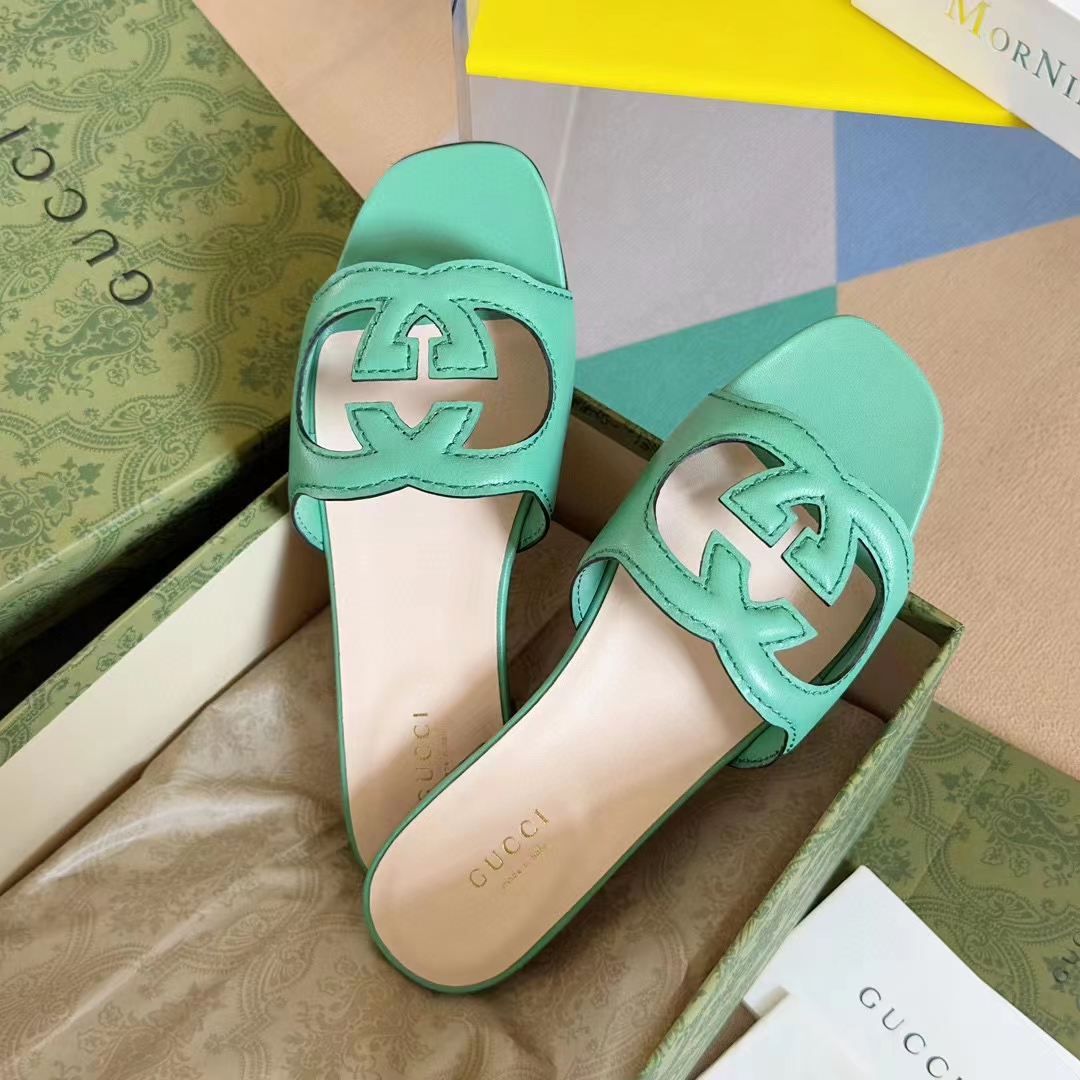 G*u*i women interlocking g cut out slide sandal bright green leather flat